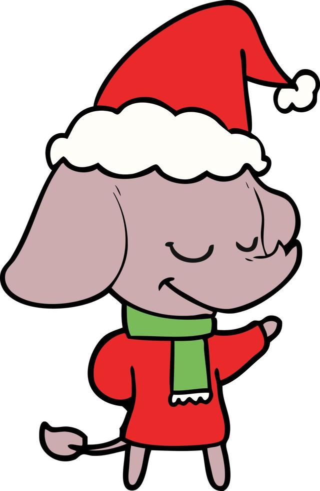 line drawing of a smiling elephant wearing scarf wearing santa hat vector