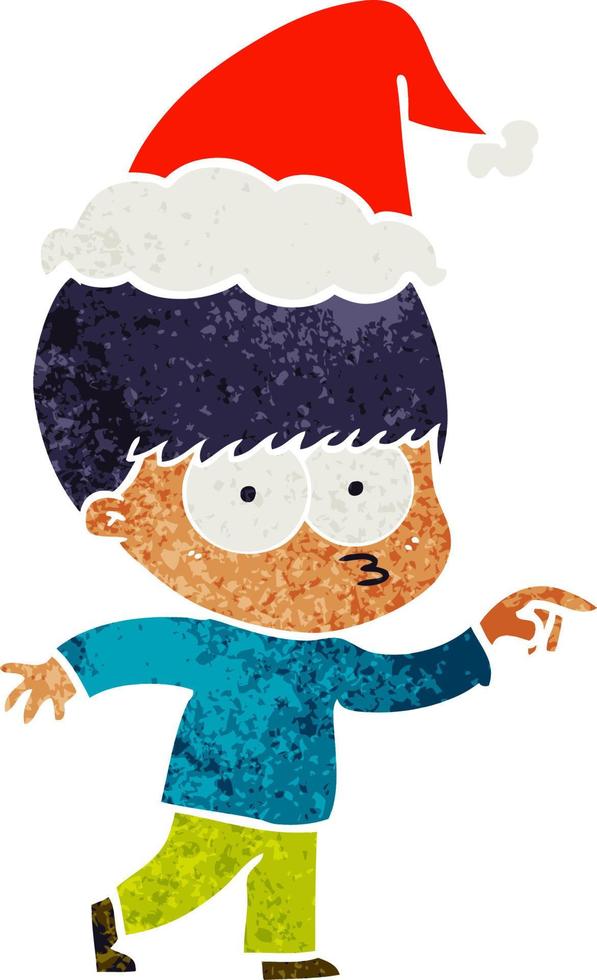 nervous retro cartoon of a boy wearing santa hat vector