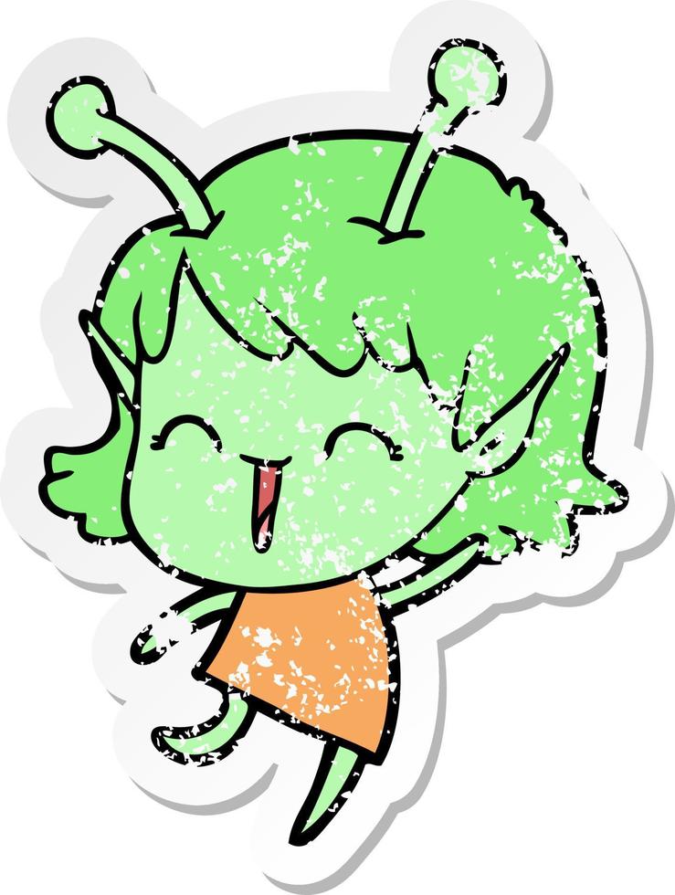 distressed sticker of a cartoon alien girl laughing vector