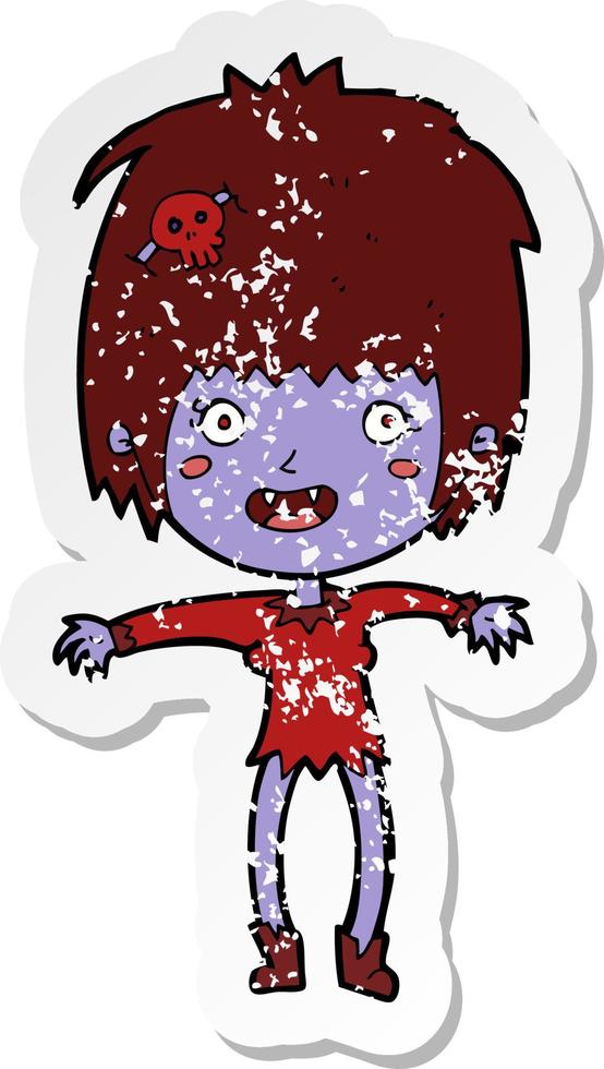 retro distressed sticker of a cartoon vampire girl vector