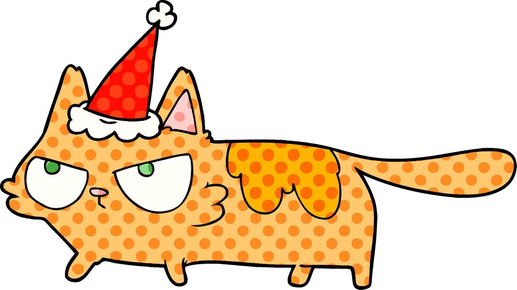 comic book style illustration of a angry cat wearing santa hat vector