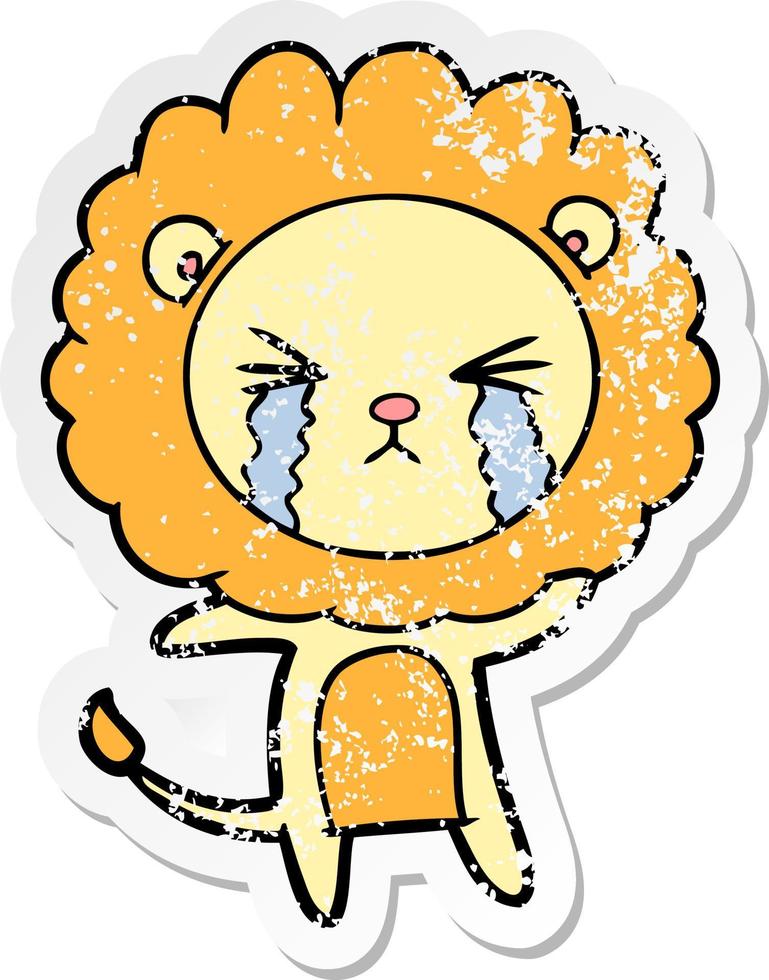 distressed sticker of a cartoon crying lion vector