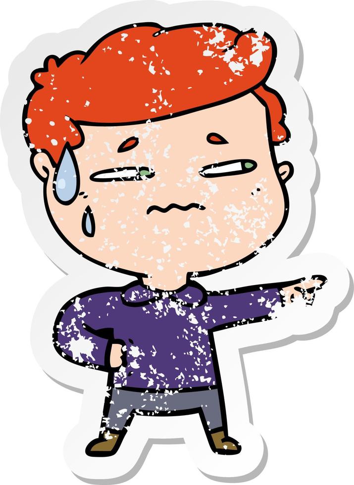 distressed sticker of a cartoon anxious man pointing vector