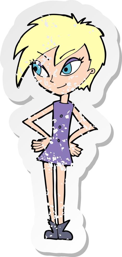 retro distressed sticker of a cartoon girl with hands on hips vector