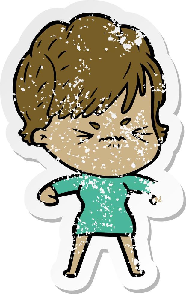 distressed sticker of a cartoon frustrated woman vector