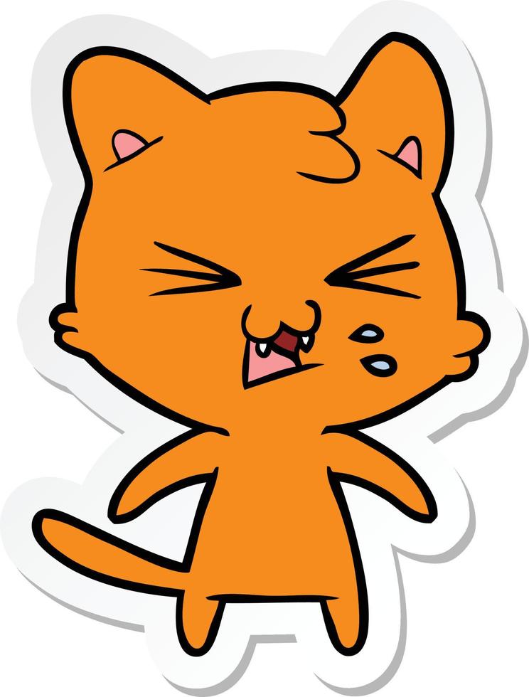 sticker of a cartoon hissing cat vector