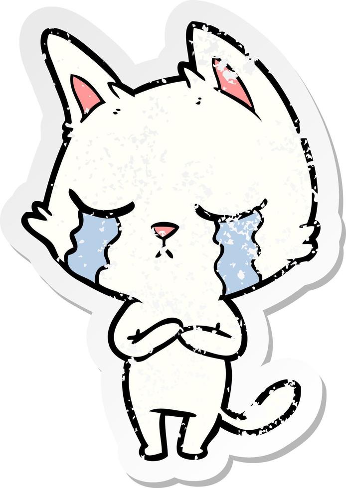 distressed sticker of a crying cartoon cat vector