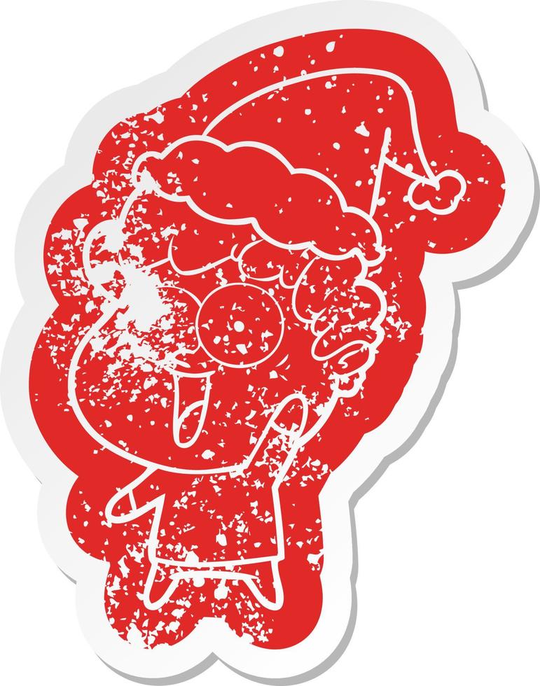cartoon distressed sticker of a happy man wearing santa hat vector