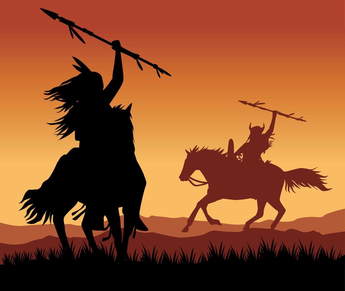 nativos guerreros en caballos atardecer vector