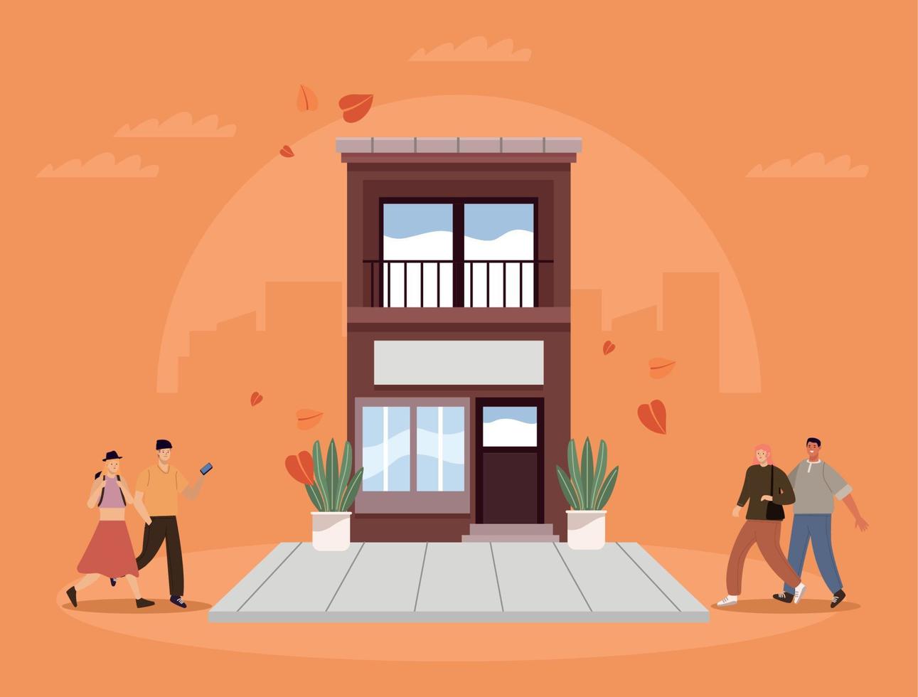 four persons and building vector
