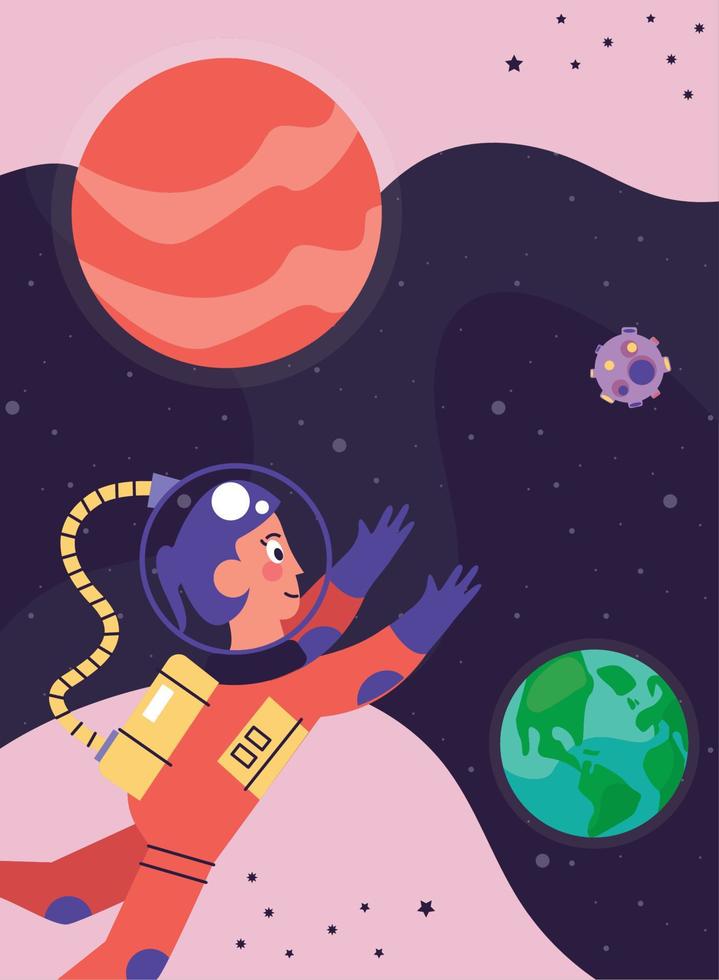 female astronaut and planets vector