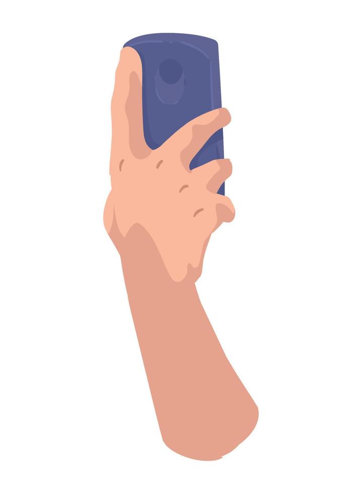 hand lifting purple smartphone vector