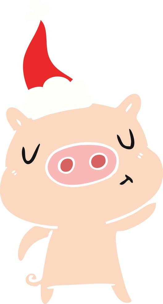 flat color illustration of a content pig wearing santa hat vector