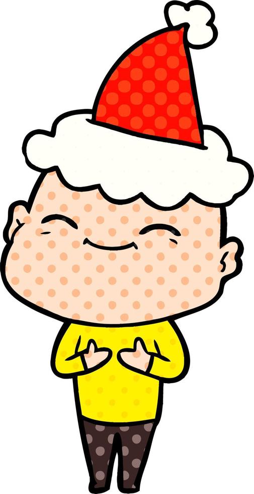 happy comic book style illustration of a bald man wearing santa hat vector