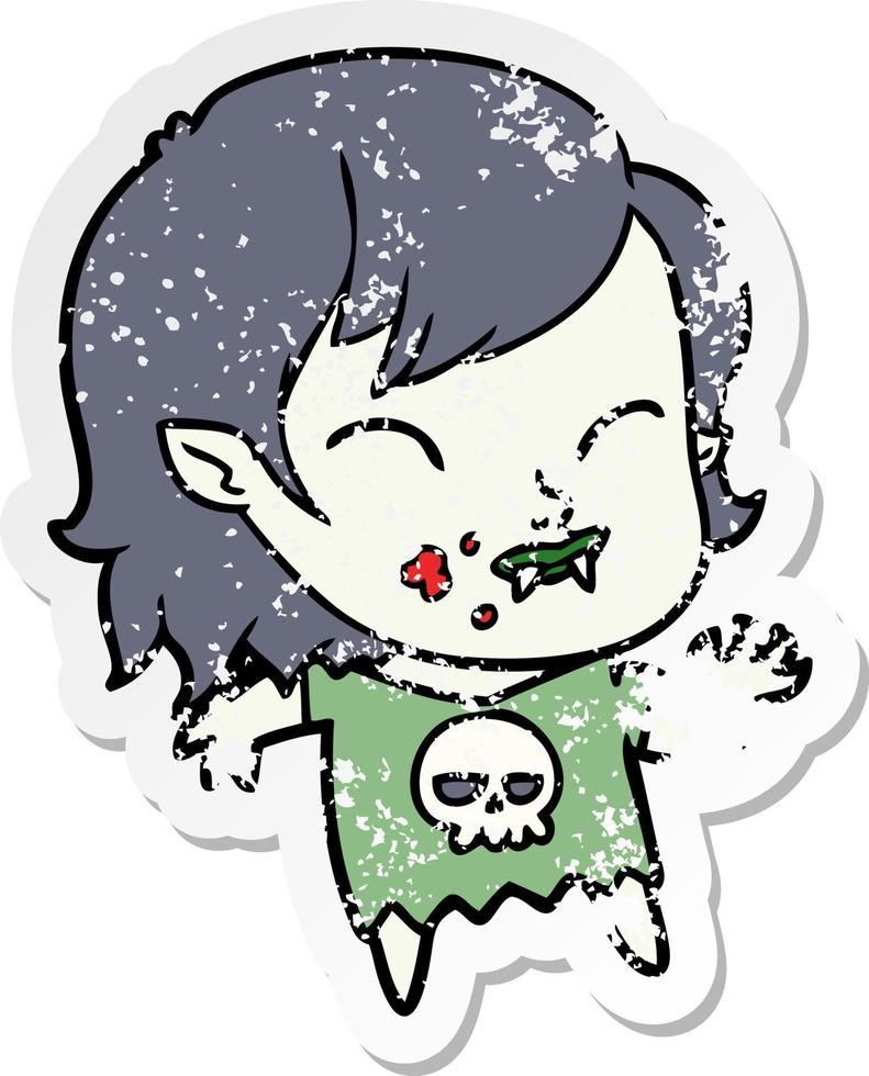 distressed sticker of a cartoon vampire girl with blood on cheek vector
