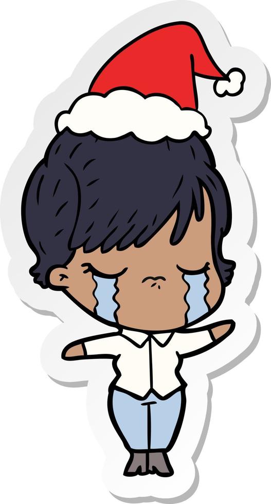 sticker cartoon of a woman crying wearing santa hat vector