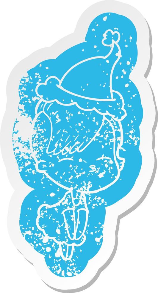 cartoon distressed sticker of a squinting girl in dress wearing santa hat vector