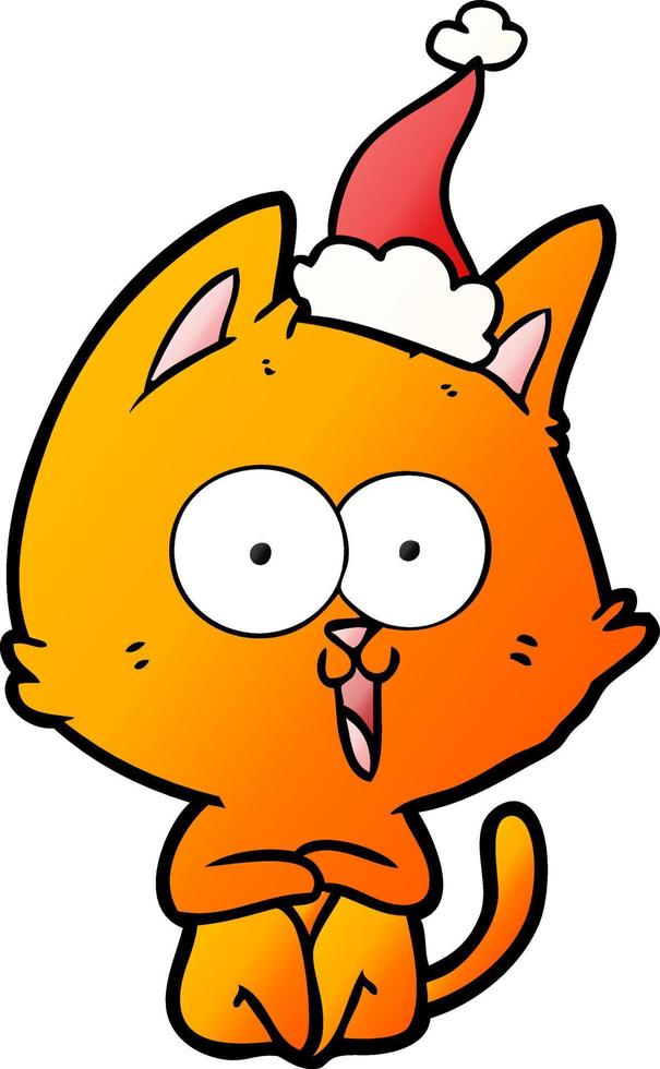divertido dibujo animado degradado de un gato con gorro de Papá Noel vector