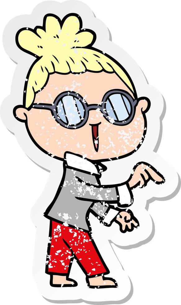 distressed sticker of a cartoon woman wearing spectacles vector