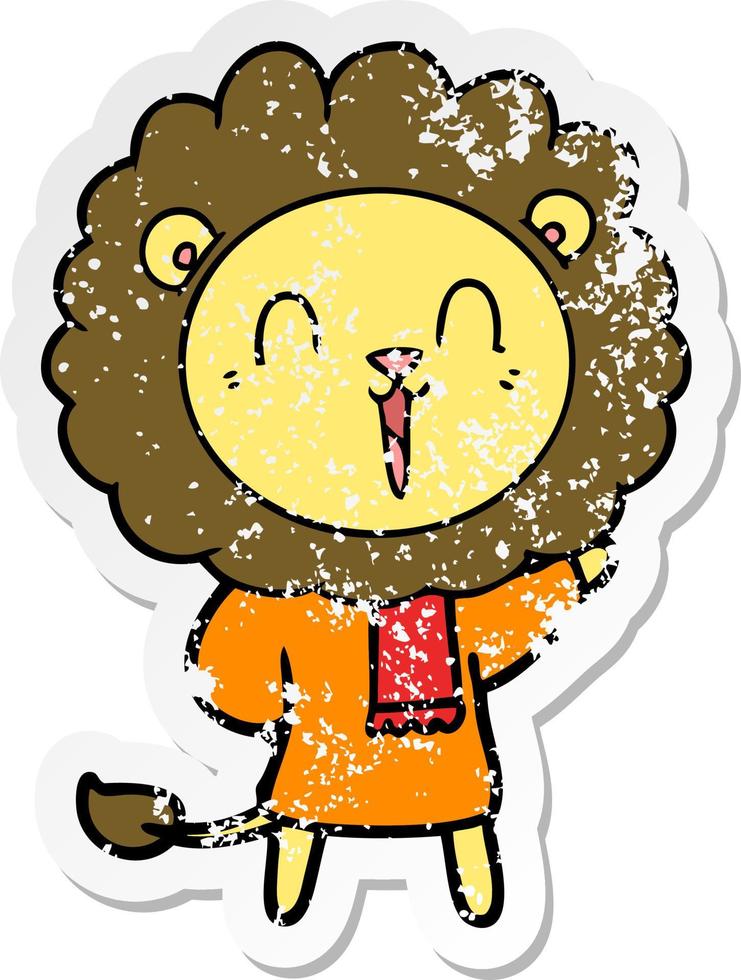 distressed sticker of a laughing lion cartoon in winter clothes vector