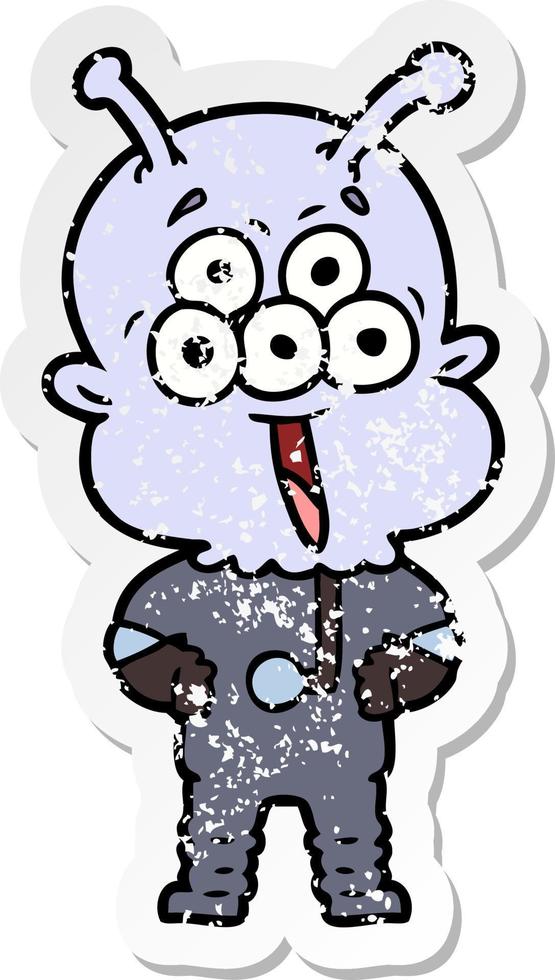 distressed sticker of a happy cartoon alien vector
