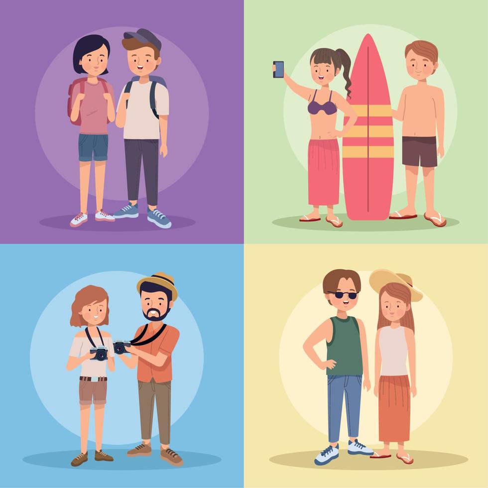 eight tourists travelers characters vector