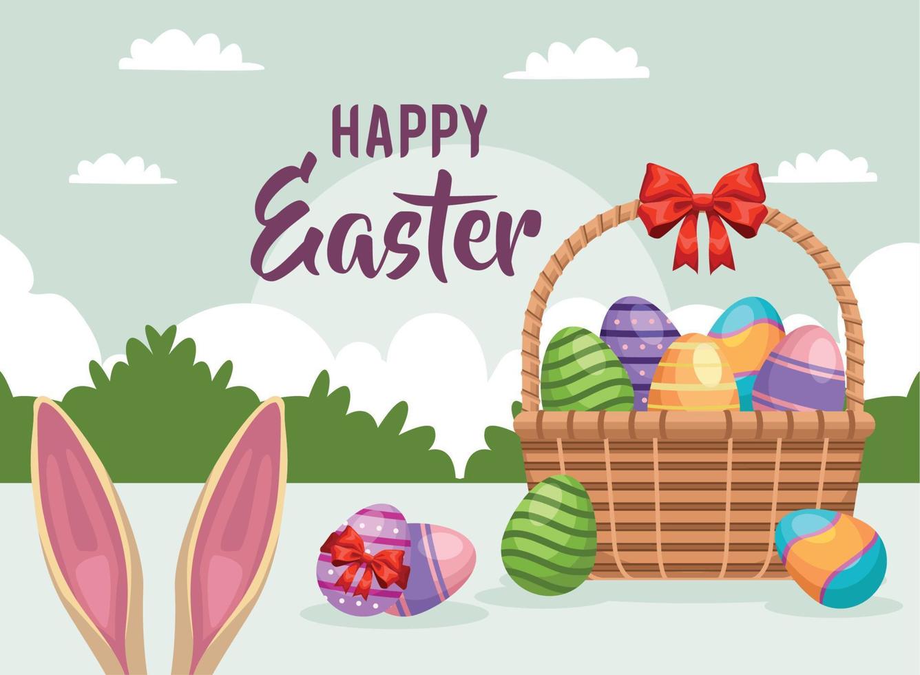 easter basket eggs and rabbit ears vector