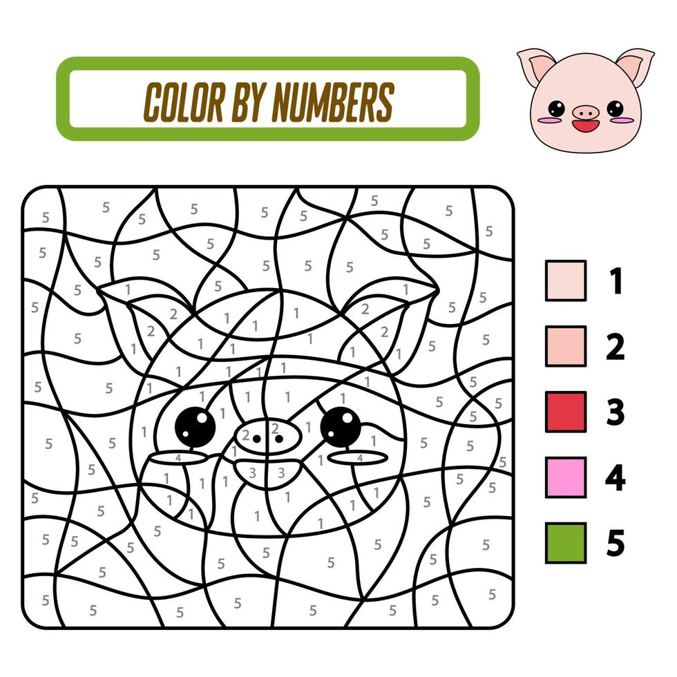 Educational coloring book by numbers for preschool children. Cute cartoon pig. Educational coloring book with animals. A training card with a task for preschool and kindergarten children. vector