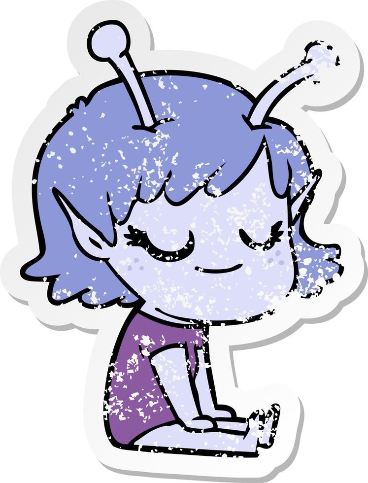 distressed sticker of a smiling alien girl cartoon vector