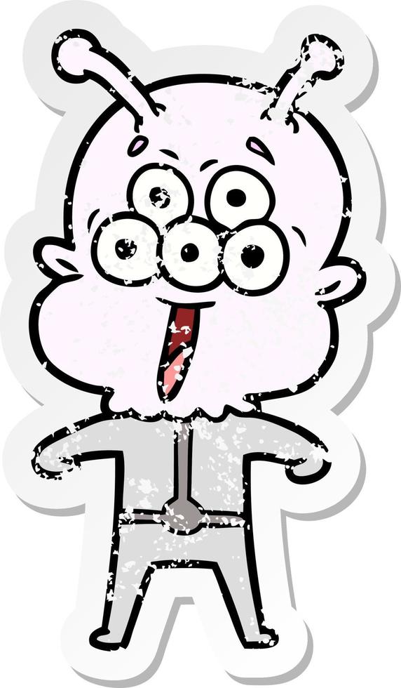 distressed sticker of a happy cartoon alien vector