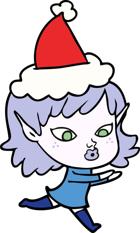 bonito dibujo lineal de una niña elfa con gorro de Papá Noel vector