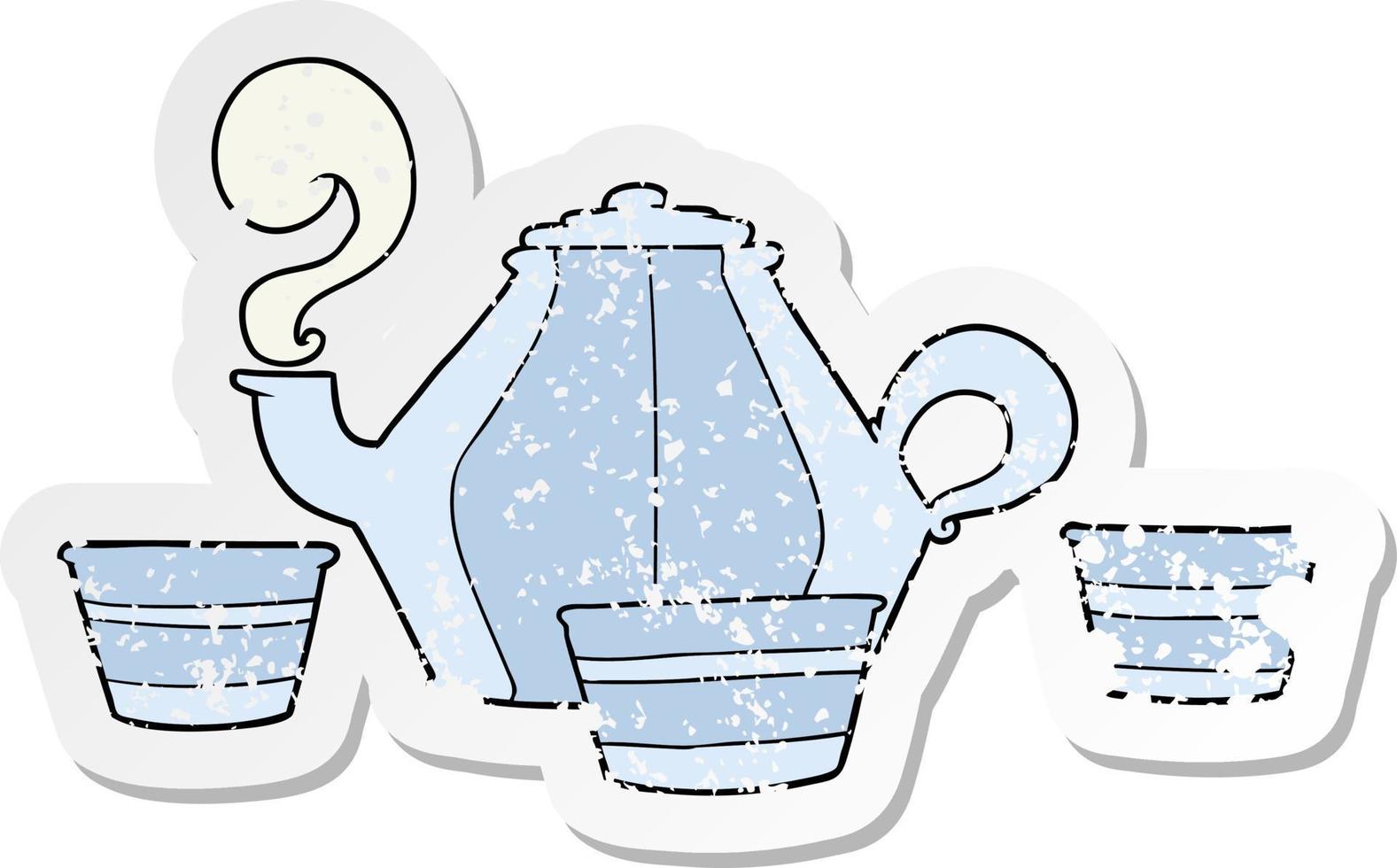 distressed sticker of a cartoon teapot and cups vector