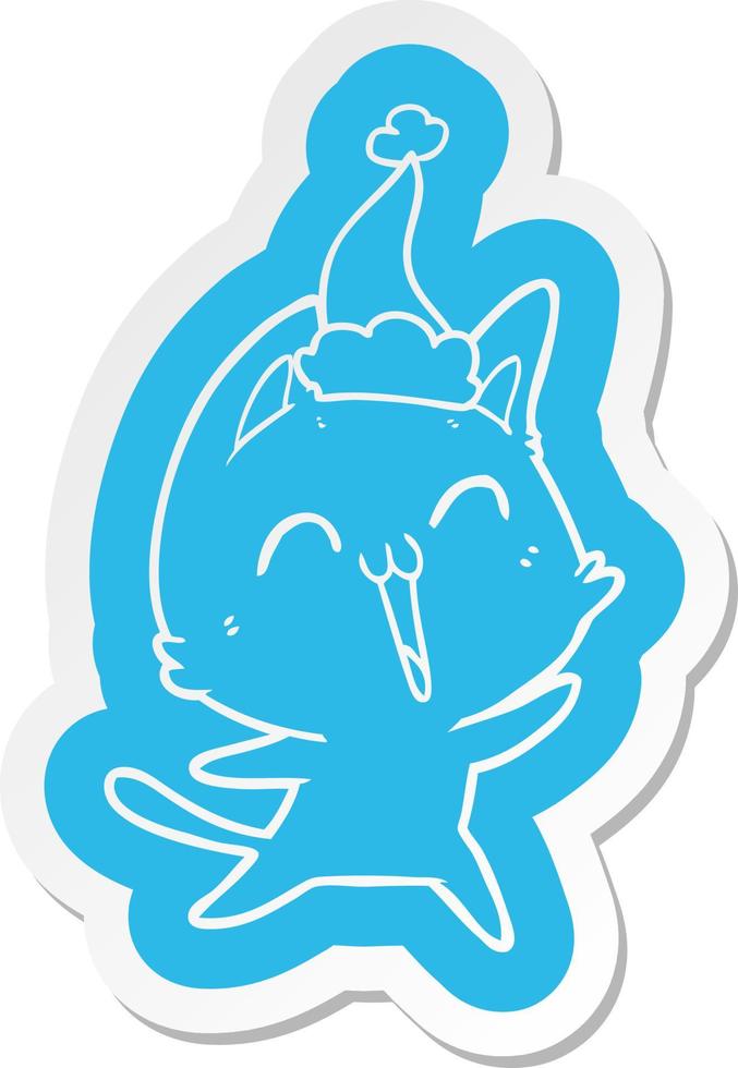 happy cartoon  sticker of a cat wearing santa hat vector