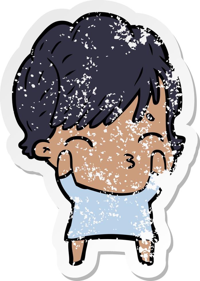 distressed sticker of a cartoon woman thinking vector