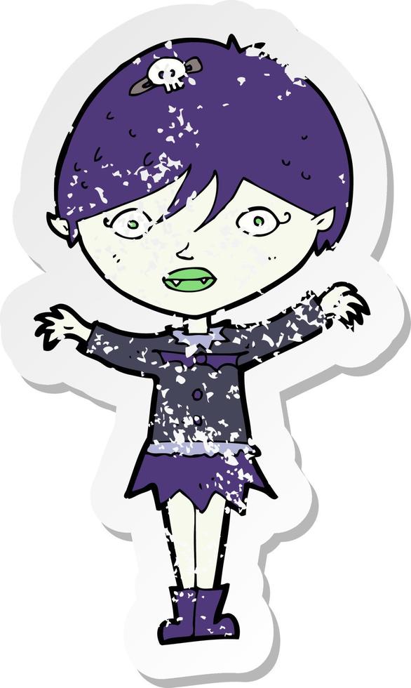 retro distressed sticker of a cartoon waving vampire girl vector
