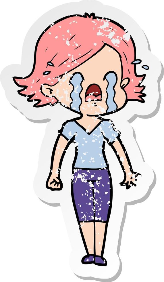 distressed sticker of a cartoon woman crying vector