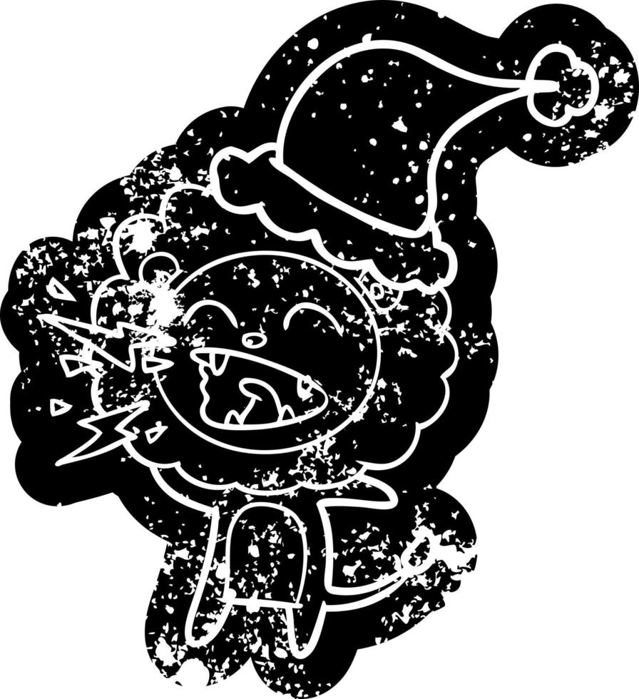 cartoon distressed icon of a roaring lion wearing santa hat vector