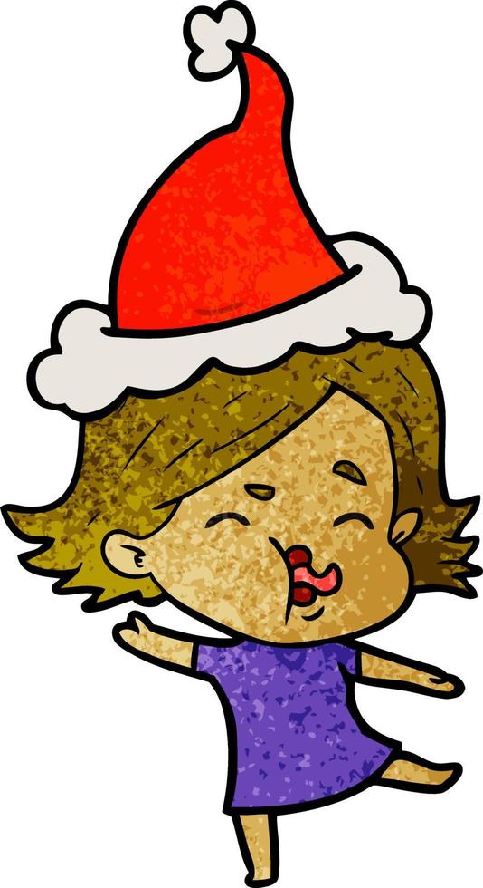 textured cartoon of a girl pulling face wearing santa hat vector
