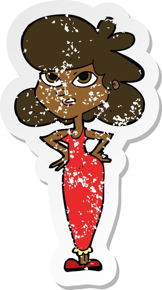 retro distressed sticker of a cartoon girl with hands on hips vector