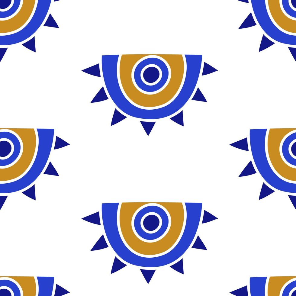 Mediterranean geometric evil eyes seamless pattern in blue, white, golden colors vector