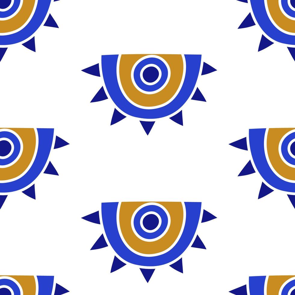 Mediterranean geometric evil eyes seamless pattern in blue, white, golden colors vector