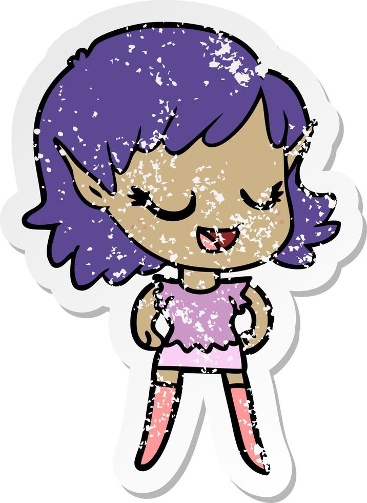 distressed sticker of a happy cartoon elf girl vector