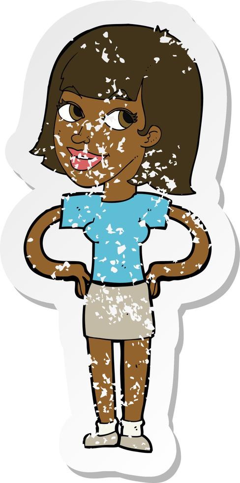 retro distressed sticker of a cartoon happy woman with hands on hips vector