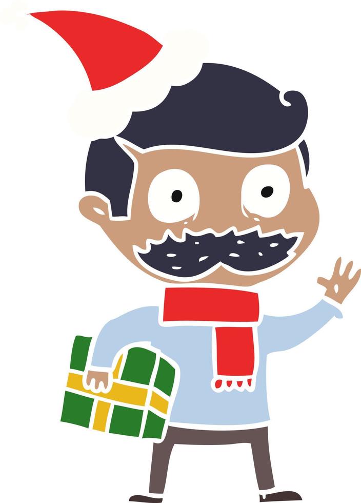 flat color illustration of a man with mustache and christmas present wearing santa hat vector