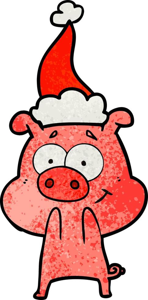 happy textured cartoon of a pig wearing santa hat vector