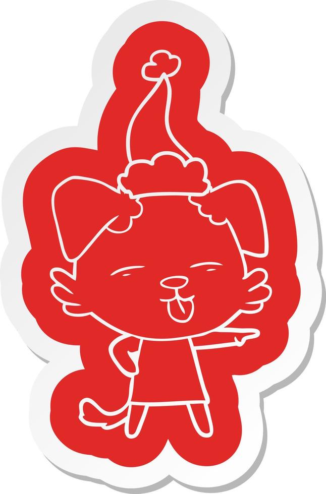 cartoon  sticker of a dog sticking out tongue wearing santa hat vector