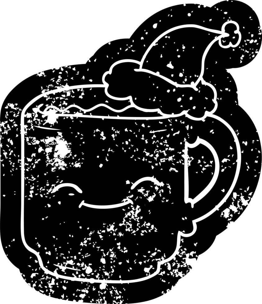 cartoon distressed icon of a coffee mug wearing santa hat vector