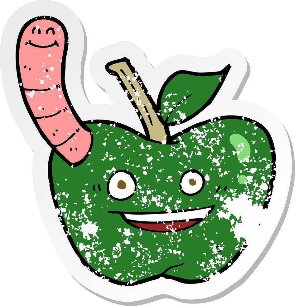 pegatina retro angustiada de una caricatura de manzana con gusano vector