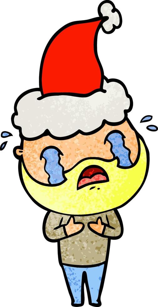 textured cartoon of a bearded man crying wearing santa hat vector