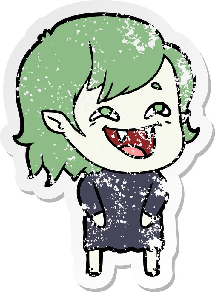 distressed sticker of a cartoon laughing vampire girl vector